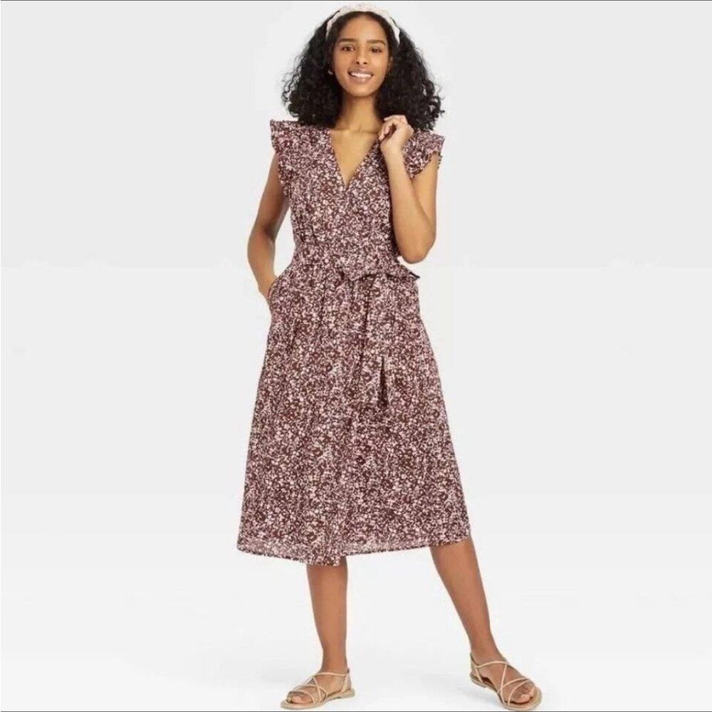 A New Day Faux Wrap Dress Burgundy Floral (Large) NWT